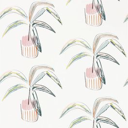 Стильные обои в коридор арт. 111992 дизайн Barbican из коллекции Zanzibar от Scion, Великобритания с принтом из стилизованных домашних растений в розово-оранжевых тонах на молочном фоне в шоу-руме в Москве, широкий ассортимент