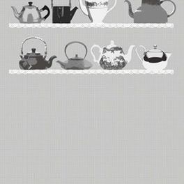 Фотообои DM217-2 с изображением полок с чайниками разных форм и стилей в серо-бежевых тонах. Купить обои в Москве, шведские обои, фотообои, салон обоев, магазин обоев, бесплатная доставка.