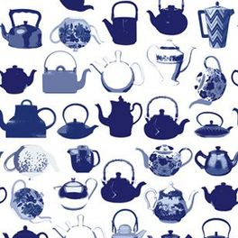 Фотообои DM218-3 с чайники разных форм и стилей в сине-голубых тонах на белом фоне. Купить обои в Москве, шведские обои, фотообои, салон обоев, магазин обоев, бесплатная доставка.