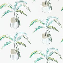 Выбрать на сайте Odesign.ru обои в столовую арт. 111993 дизайн Barbican из коллекции Zanzibar от Scion, Великобритания с  принтом из стилизованных домашних растений в зелено-бежевых тонах на молочном фоне в шоу-руме в Москве, широкий ассортимент
